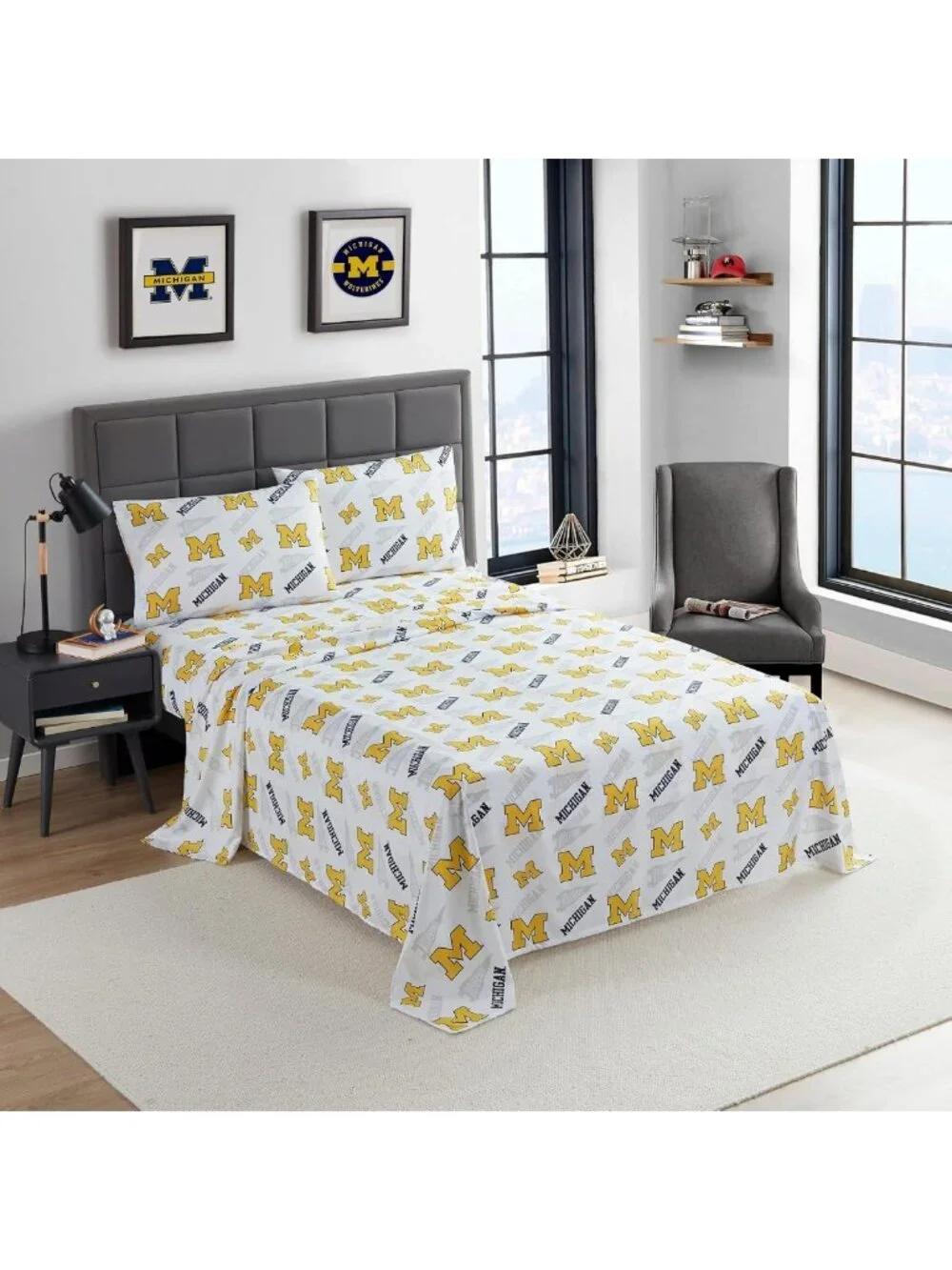 NCAA Full Size Sheet Set - Michigan Wolverines Team Logo Bedding for Dorms